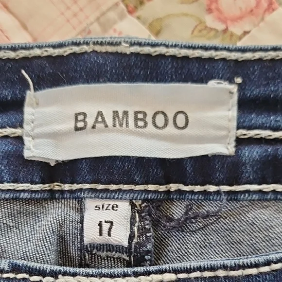 BAMBOO Women's Dark Blue Boot Cut/Flare DistressedJeans - Picture 3 of 13